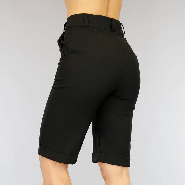 Schwarze Bermudas mit hoher Taille und Paspelierung