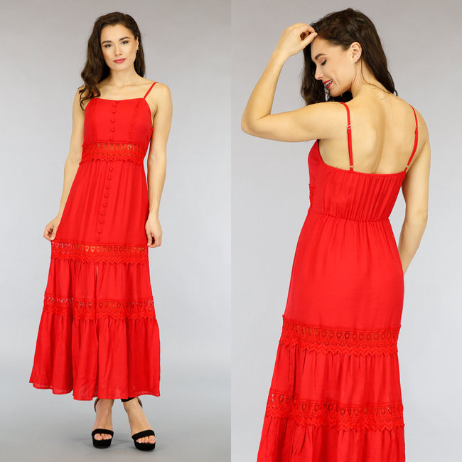 SALE Rotes Maxi-Sommerkleid mit Häkeldetails