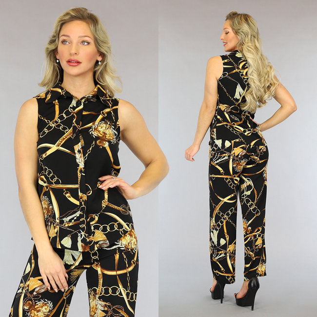 SALE Schwarze ärmellose Bluse mit Goldketten-Print