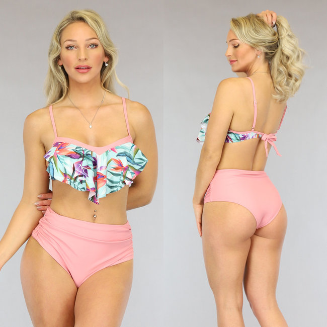 SALE Rosa Bikini mit hoher Taille und Wasserfall-Oberteil