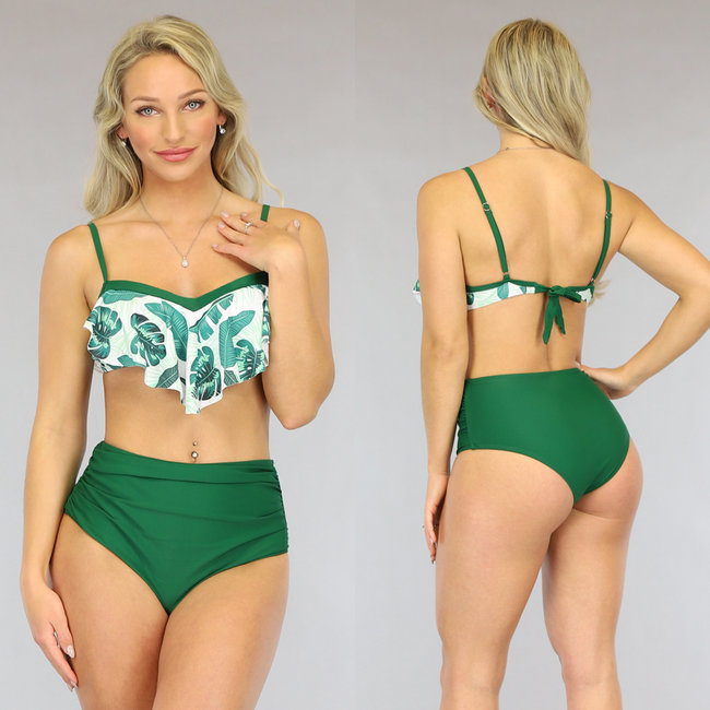 SALE Grüner Bikini mit hoher Taille und Wasserfall-Oberteil