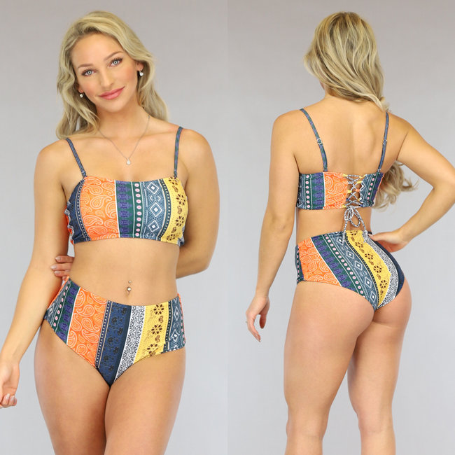 Orangefarbener, mehrteiliger Bandeau-Bikini mit hoher Taille - Oberteil