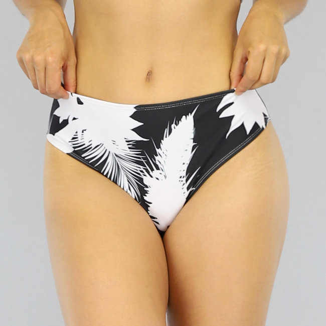 Schwarz/weißer Bandeau-Bikini mit hoher Taille und Blattdruck - Oberteil