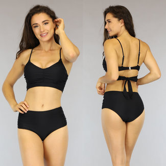 SALE35 Schwarzer Plissee-Bikini mit hoher Taille