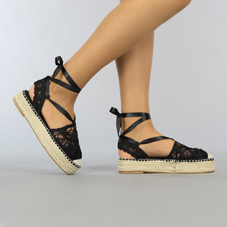 BF2023 Schwarze gehäkelte Boho-Wickel-Espadrilles