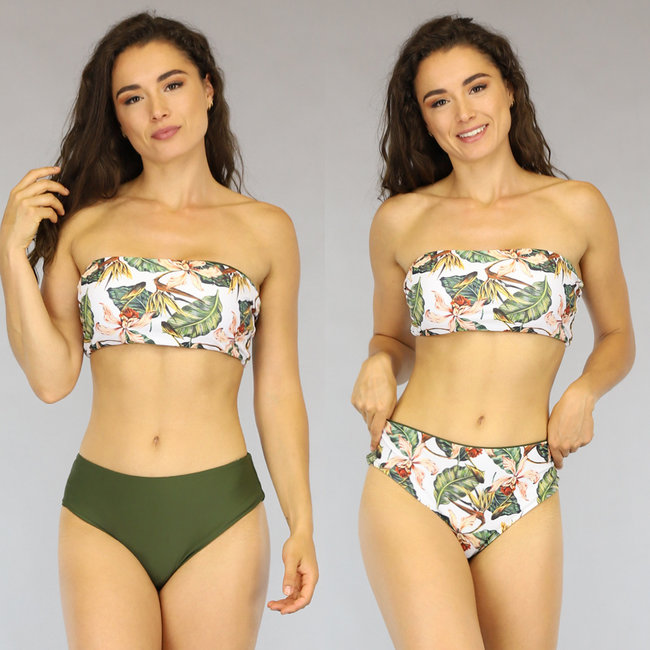 Bandeau-Bikini mit hoher Taille und grünen Blättern - Oberteil