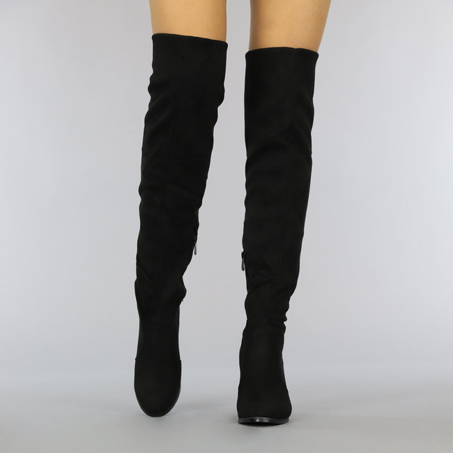 Schwarze Basic Overknee-Stiefel in Wildlederoptik