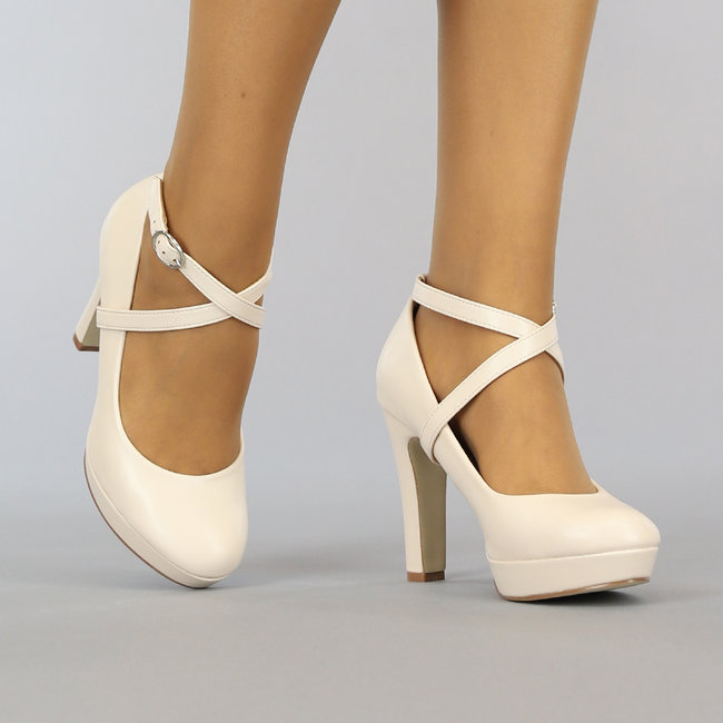 Beige Pumps in Lederoptik mit Knöchelriemen