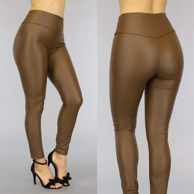 BF2023 Braune Basic-Leggings mit hoher Taille in Lederoptik