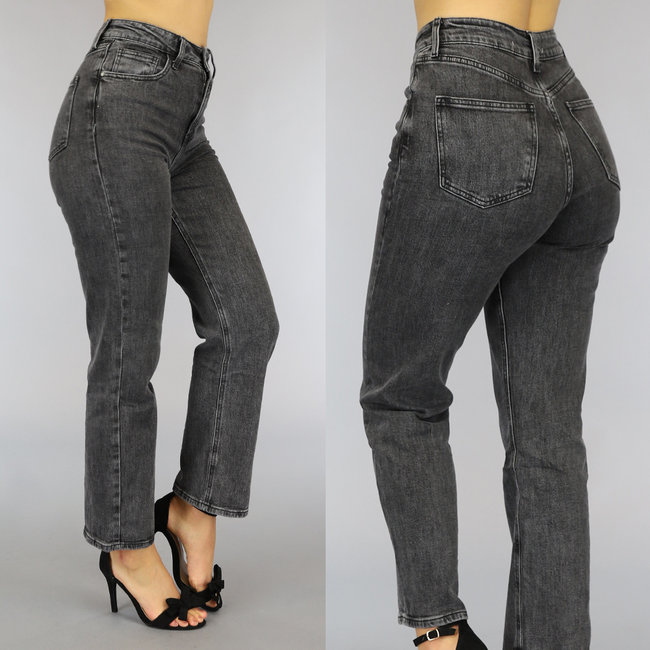 Graue Straight Leg Jeans mit hoher Taille