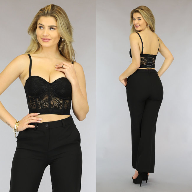 Schwarzes Spitzen-Crop-Bustier mit Cups