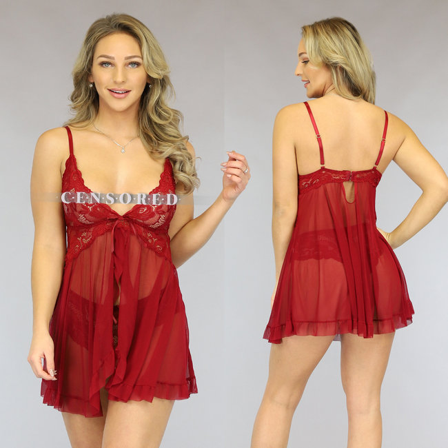 BF2023 Weinrotes Babydoll aus Mesh mit Spitze und Rüschen