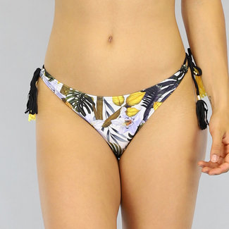 SALE80 Gelber Push-Up-Bikini mit Blumendruck und Fransen - Slip