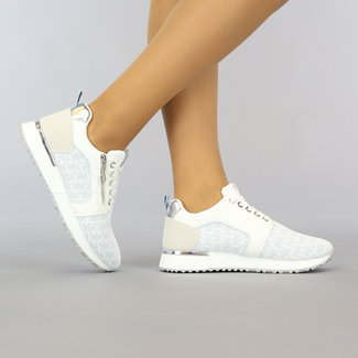 Weiß/blaue Sneakers mit Print und silbernen Details