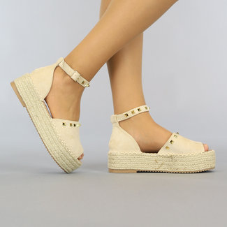 BF2023 Beige Boho-Espadrilles mit Peeptoe und Nieten