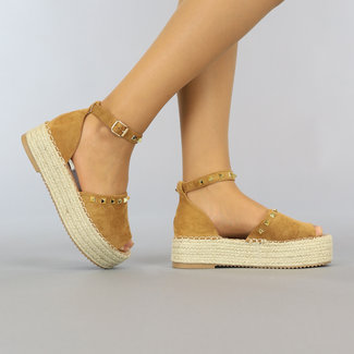 BF2023 Kamelfarbene Boho-Espadrilles mit Peeptoe und Nieten