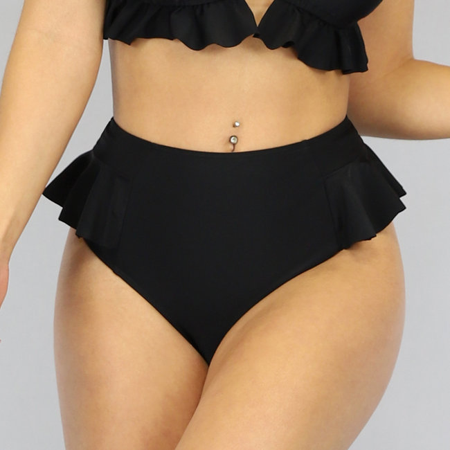 Schwarzes Maxi-Bikini-Unterteil mit hoher Taille und Rüschen