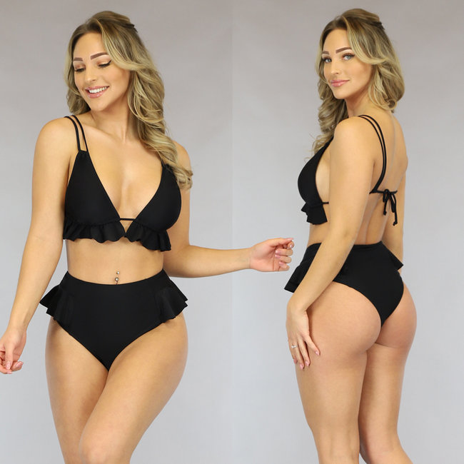 Schwarzes Maxi-Bikini-Unterteil mit hoher Taille und Rüschen