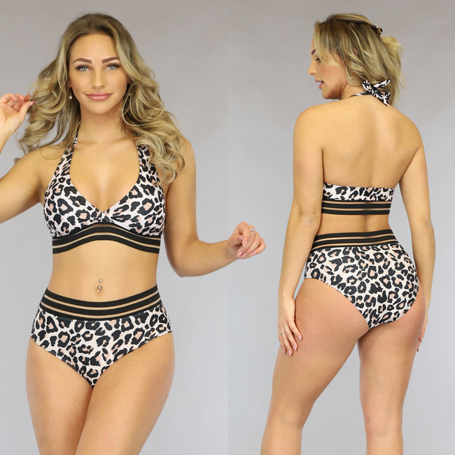 Beige Leopard Halter Bikinioberteil mit Träger