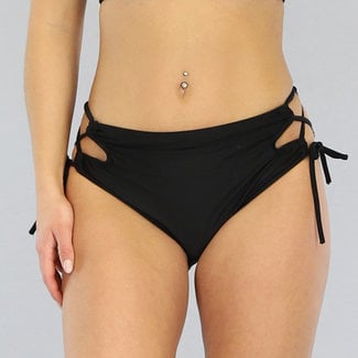 SALE80 Schwarzes Bikini-Unterteil mit hoher Taille, Ausschnitten und Schnürung