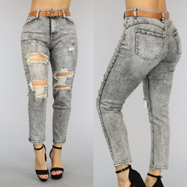 BF2023 Graue, säureverwaschene Push-Up Mom Jeans mit Rissen