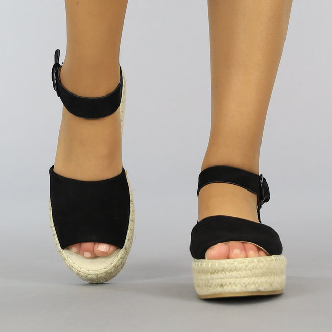 Schwarze Boho-Plateau-Espadrilles mit offener Spitze