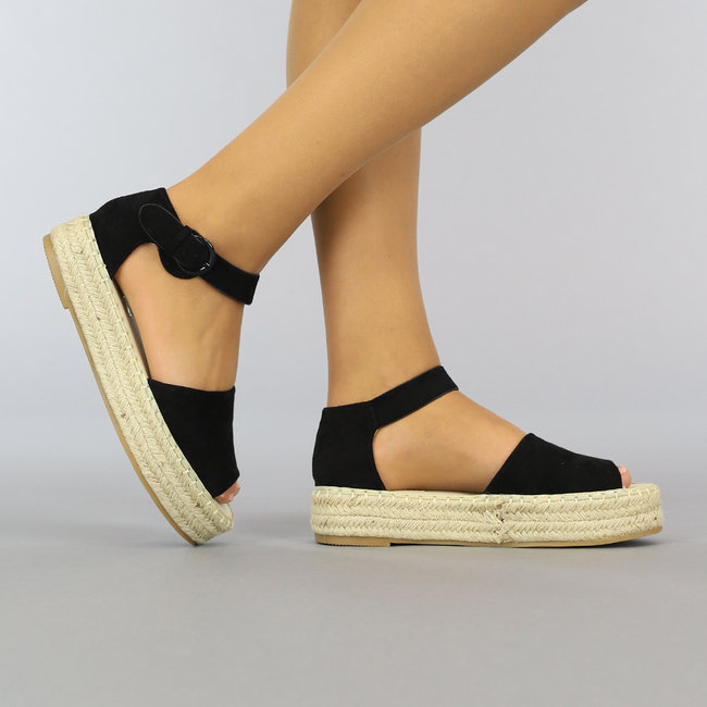 Schwarze Boho-Plateau-Espadrilles mit offener Spitze