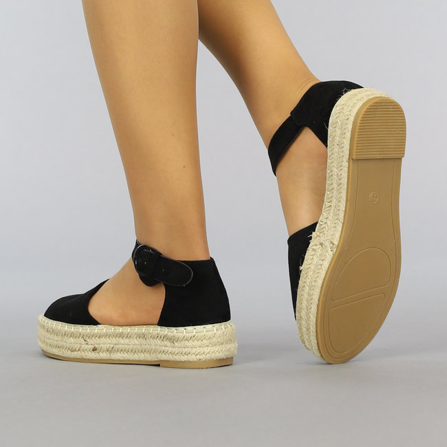 Schwarze Boho-Plateau-Espadrilles mit offener Spitze