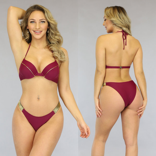 Weinroter Tanga Bikiniunterteil mit Gold