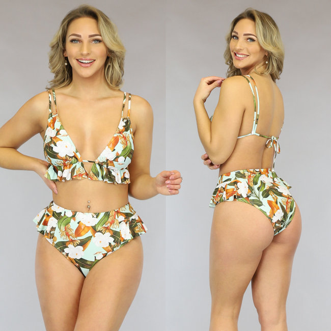 Mintgrünes Bikini-Oberteil mit Druck und Rüschen