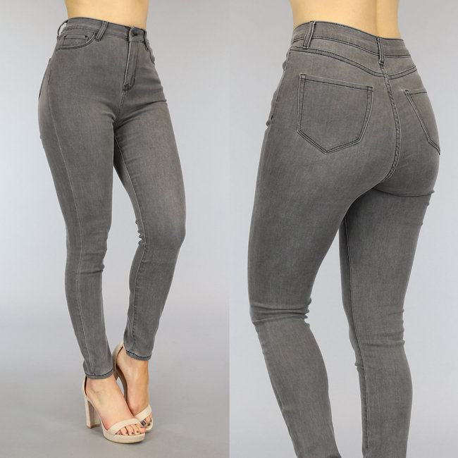 Hellgraue Basic-Jeans mit hoher Taille und Stretch