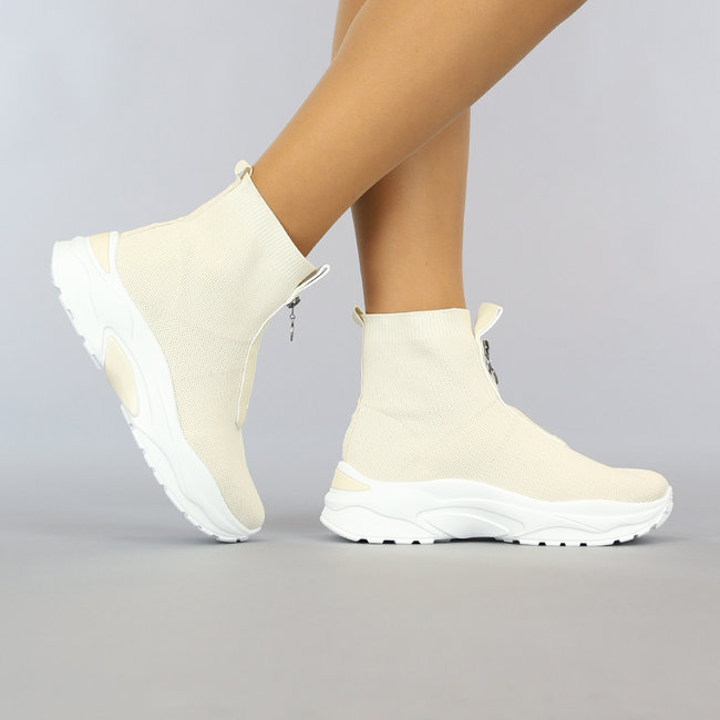 Hohe Socken-Sneakers in Ecru mit dekorativen Reißverschlüssen