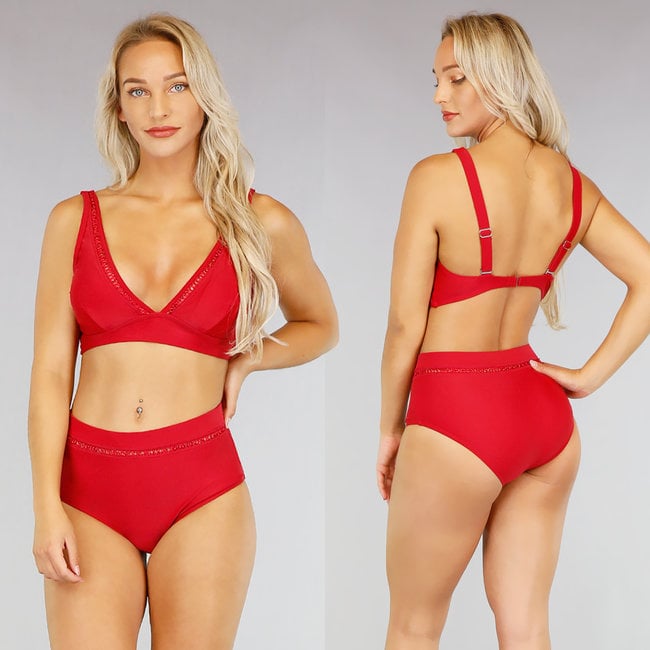 Roter Bikini mit hoher Taille und Zickzack-Detail - Slip