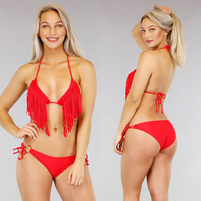 Roter Triangel-Träger-Bikini mit Fransen - Slip