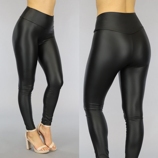 Schwarze Basic-Leggings mit hoher Taille in Lederoptik