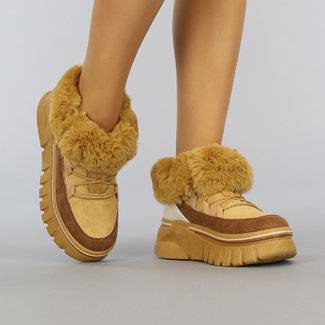 Klobige Camel-Schneestiefel-Stiefeletten mit Schnürsenkeln