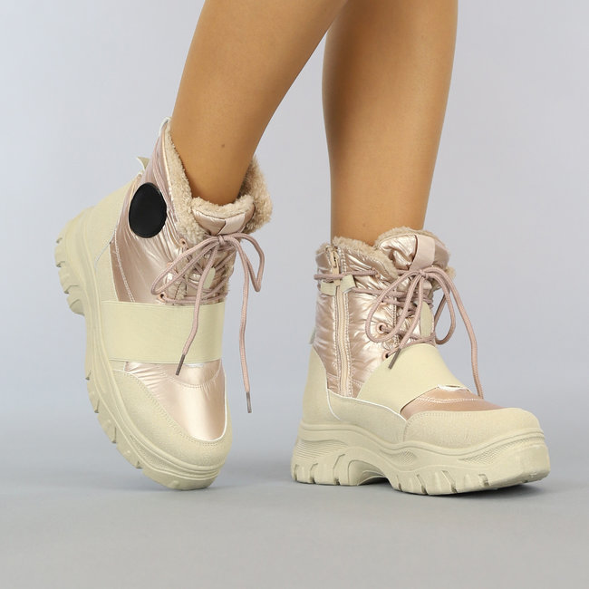 Beige/Roséfarbene Schneestiefel mit elastischem Riemen