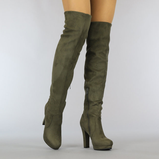 Overknee-Stiefel in Wildlederoptik mit Absatz Khaki