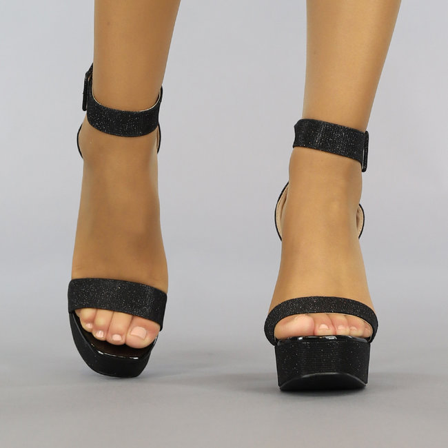 Schwarze Glitzer-Plateau-Sandalen mit offener Spitze