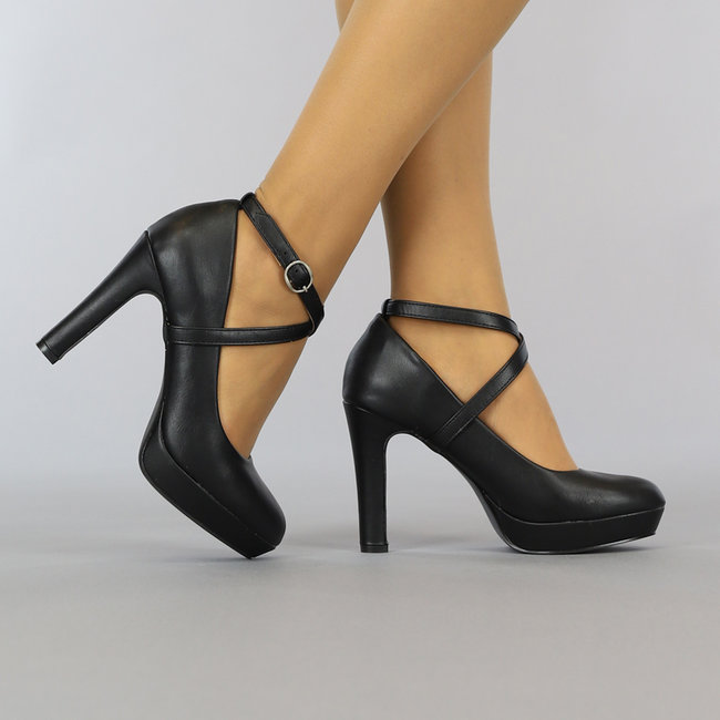 Schwarze Pumps in Lederoptik mit Knöchelriemen
