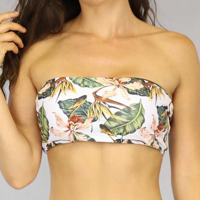 Bandeau-Bikini mit hoher Taille und grünen Blättern - Oberteil
