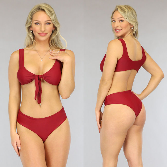 Bordeauxfarbener Bikini mit hoher Taille und Schleife - Oberteil