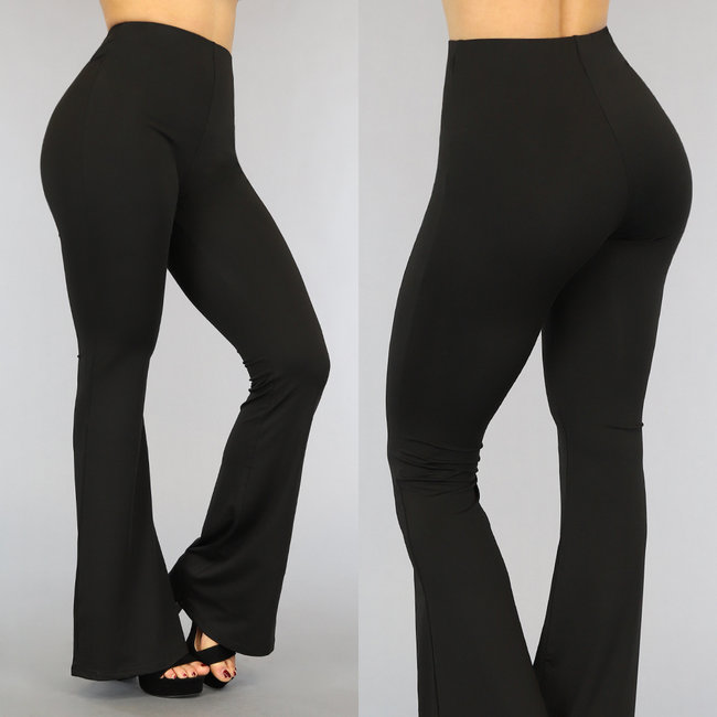 Lange schwarze elastische Flair-Hose mit weitem Bein