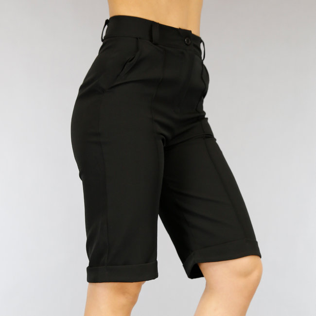 Schwarze Bermudas mit hoher Taille und Paspelierung