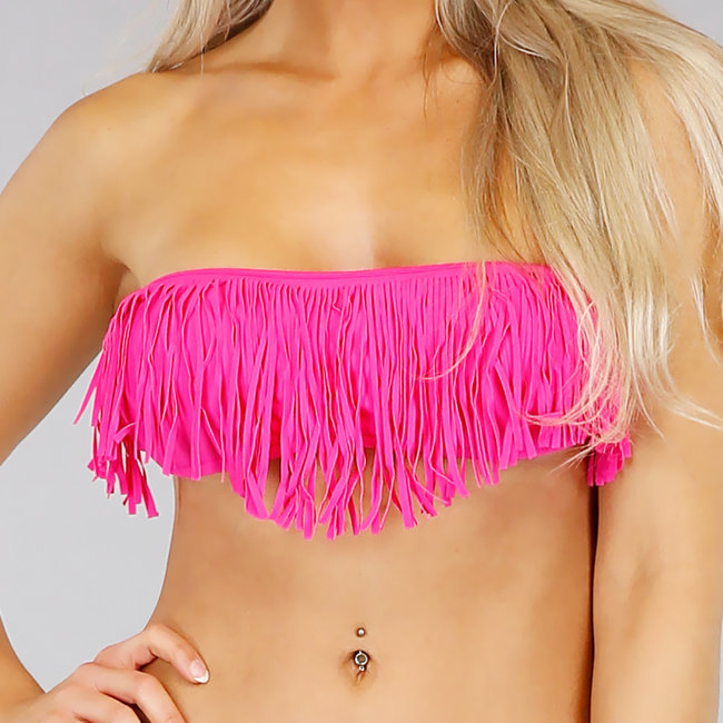 Fuchsia Bandeau-Bikini mit Fransen - Oberteil