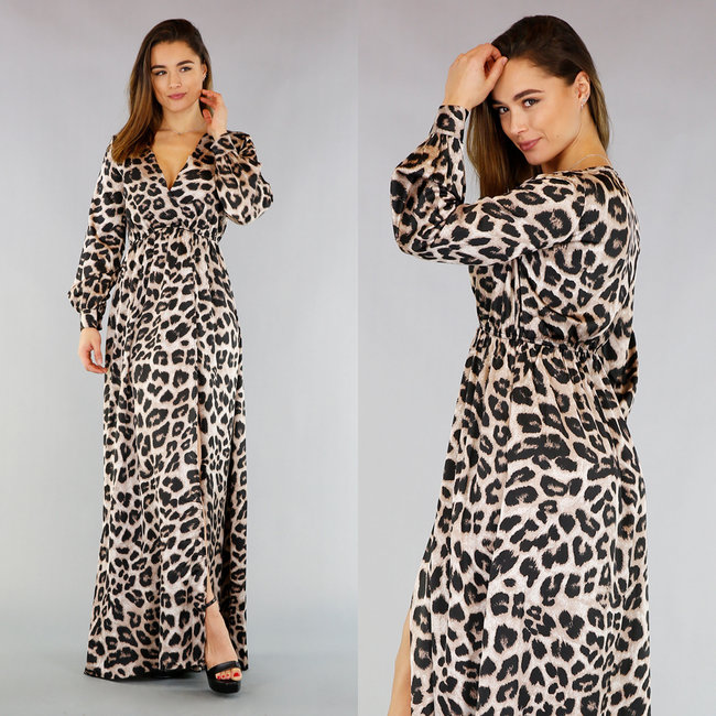 Langärmeliges Leopard-Maxikleid mit Schlitz