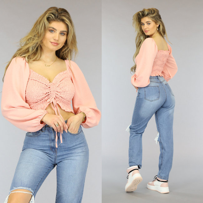 SALE Lachsrosa Scrunch Crop Top mit Puffärmeln