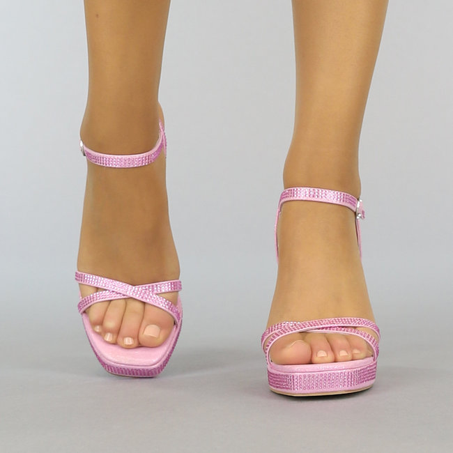 Rosa Glam-Sandalen mit festem Absatz