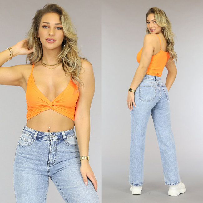 Orangefarbenes Rippen-Crop-Top mit Twist