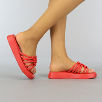 SALE80 Rote Pantoffeln mit geflochtenen Riemen und quadratischer Nase